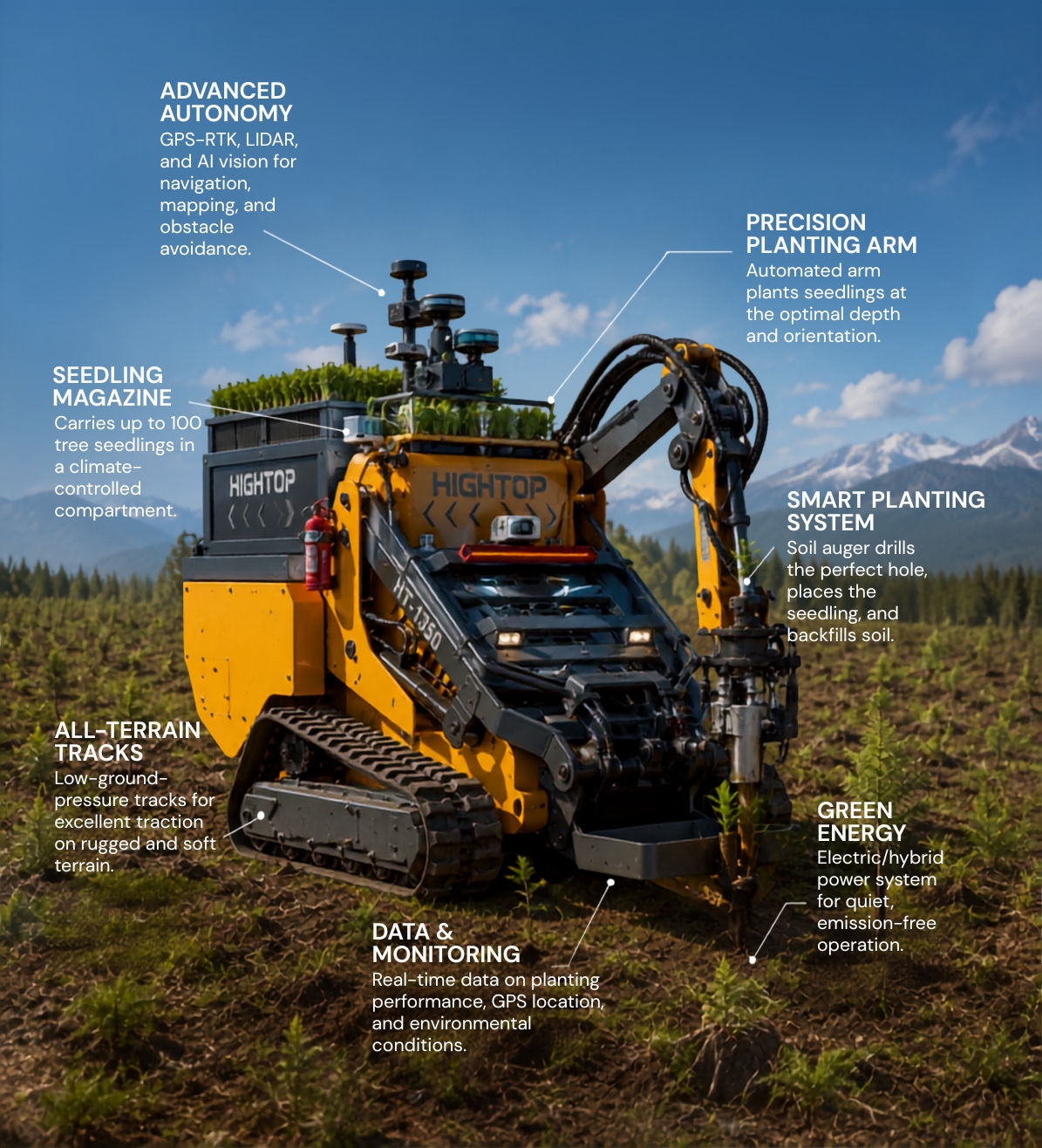 robotic tree planting system in a field with features text